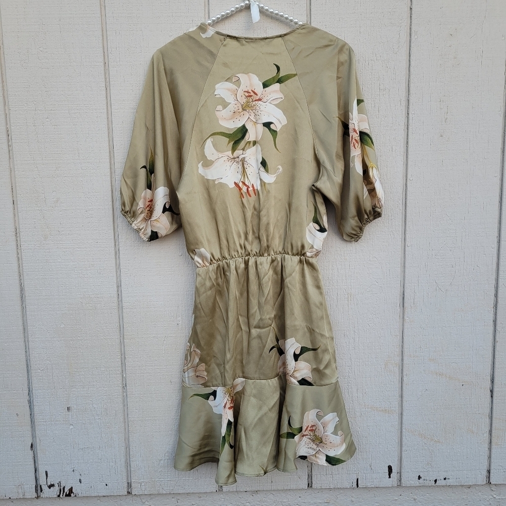 Zara floral mini print dress with knot green Sz S - Picture 6 of 8